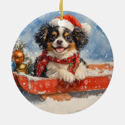 雪日本ののクリスマスを許すそりの顎の犬 セラミックオーナメント (裏面)