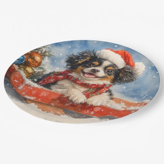 雪日本ののクリスマスを許すそりの顎の犬 ペーパープレート (アングル)