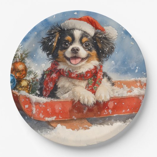 雪日本ののクリスマスを許すそりの顎の犬 ペーパープレート (正面)