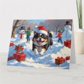 雪日本のの中走でクリスマス帽子と カード (正面)