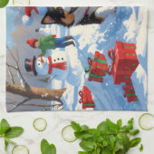 雪日本のの中走でクリスマス帽子と キッチンタオル (折り畳み)