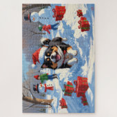 雪日本のの中走でクリスマス帽子と ジグソーパズル (縦)