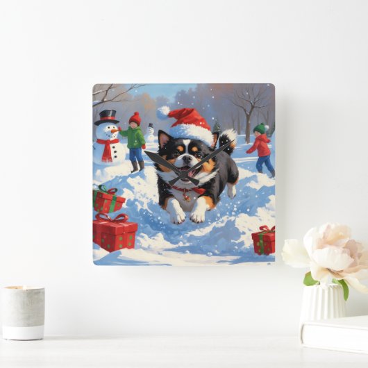 雪日本のの中走でクリスマス帽子と スクエア壁時計 (ホーム)
