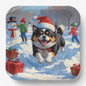 雪日本のの中走でクリスマス帽子と ペーパープレート (正面)