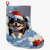 雪日本のの中走でクリスマス帽子と ラージクリスマスストッキング (正面)