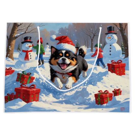 雪日本のの中走でクリスマス帽子と ラージペーパーバッグ (正面)