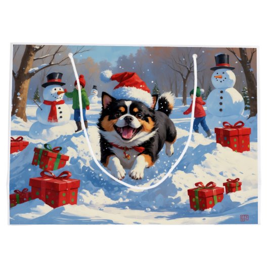 雪日本のの中走でクリスマス帽子と ラージペーパーバッグ (裏面)