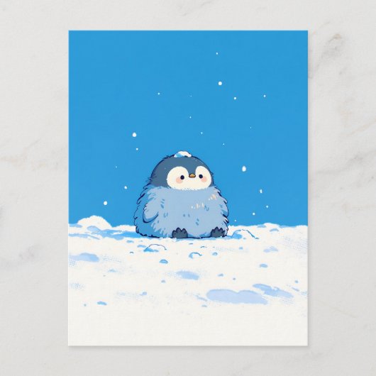 雪景色に佇むふわふわのペンギンの雛 ポストカード (正面)