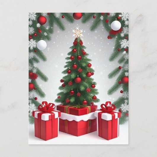 🎄雪景色に輝くクリスマスツリー ❄️ ホリデー ポストカード (正面)