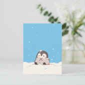 雪景色のかわいいフワフワペンギン ポストカード (スタンド正面)