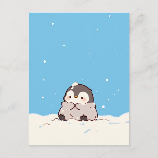 雪景色のかわいいフワフワペンギン ポストカード (正面)