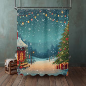 雪景色のウィンターシーンが美しいコージークリスマスキャビン シャワーカーテン