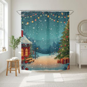 雪景色のウィンターシーンが美しいコージークリスマスキャビン シャワーカーテン