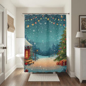 雪景色のウィンターシーンが美しいコージークリスマスキャビン シャワーカーテン