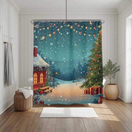 雪景色のウィンターシーンが美しいコージークリスマスキャビン シャワーカーテン