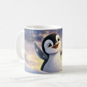 雪景色のカートゥーン ペンギン 抱える b コーヒーマグカップ (正面左)