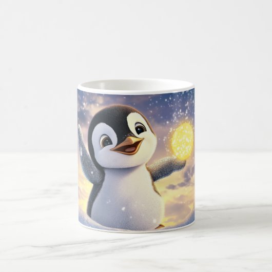 雪景色のカートゥーン ペンギン 抱える b コーヒーマグカップ (中央)