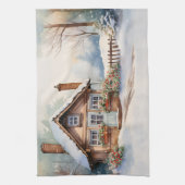 雪景色のクリスマスキャビン キッチンタオル (縦)