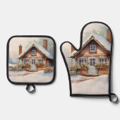 雪景色のクリスマスキャビン 鍋つかみ&鍋敷きセット (正面)