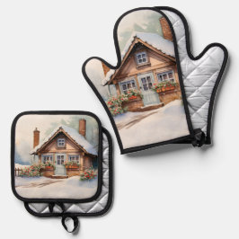 雪景色のクリスマスキャビン 鍋つかみ&鍋敷きセット