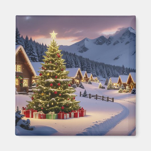 雪景色のクリスマス ライト ランドスケープ マグネット (正面)