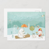 雪景色のシーンがくまと雪だるまクリスマス ポストカード (正面/裏面)