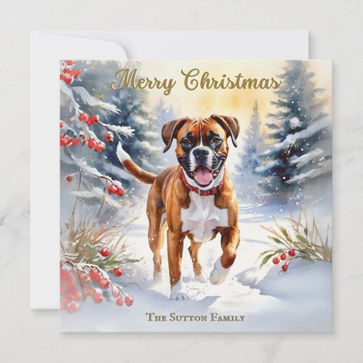 雪景色のボクサー犬 メリークリスマス シーズンカード (正面)