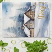 雪景色のメリークリスマスキャビン キッチンタオル (折り畳み)