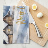 雪景色のメリークリスマスキャビン キッチンタオル (四つ折り)