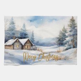 雪景色のメリークリスマスキャビン キッチンタオル
