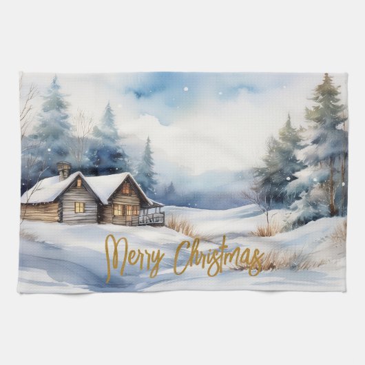 雪景色のメリークリスマスキャビン キッチンタオル (横)
