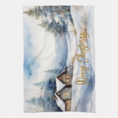 雪景色のメリークリスマスキャビン キッチンタオル (縦)