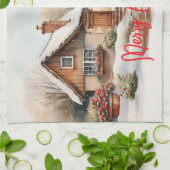 雪景色のメリークリスマスキャビン キッチンタオル (折り畳み)