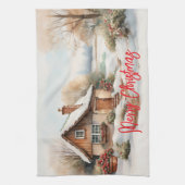 雪景色のメリークリスマスキャビン キッチンタオル (縦)