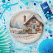 雪景色のメリークリスマスキャビン ペーパープレート (パーティー)