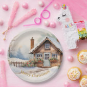 雪景色のメリークリスマスキャビン ペーパープレート (パーティー)