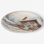 雪景色のメリークリスマスキャビン ペーパープレート (アングル)