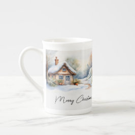 雪景色のメリークリスマスキャビン ボーンチャイナマグカップ