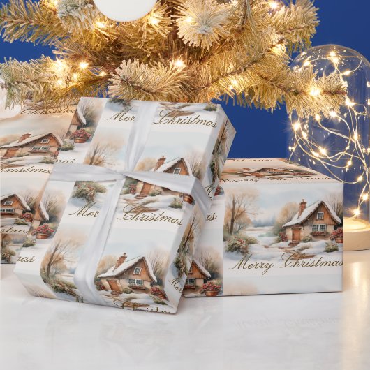 雪景色のメリークリスマスキャビン ラッピングペーパー (クリスマス)