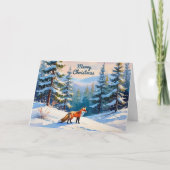 雪景色の冬の風景 赤いキツネ メリークリスマス シーズンカード (正面)