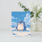 雪景色の北極の風景に佇むかわいいペンギンの雛 ポストカード (スタンド正面)