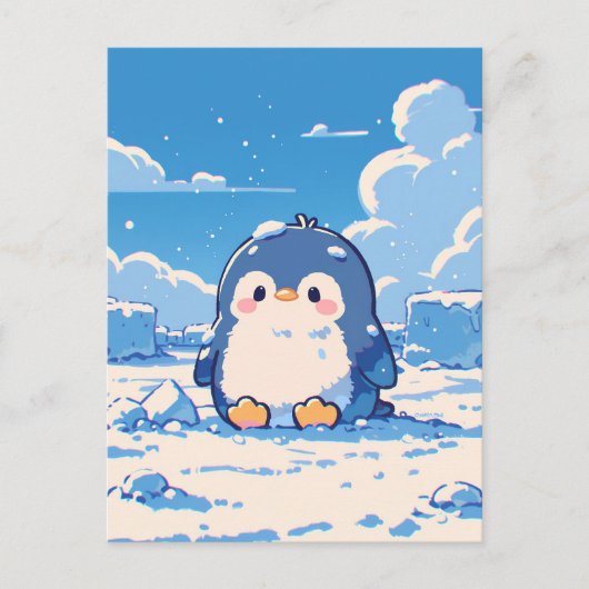 雪景色の北極の風景に佇むかわいいペンギンの雛 ポストカード (正面)