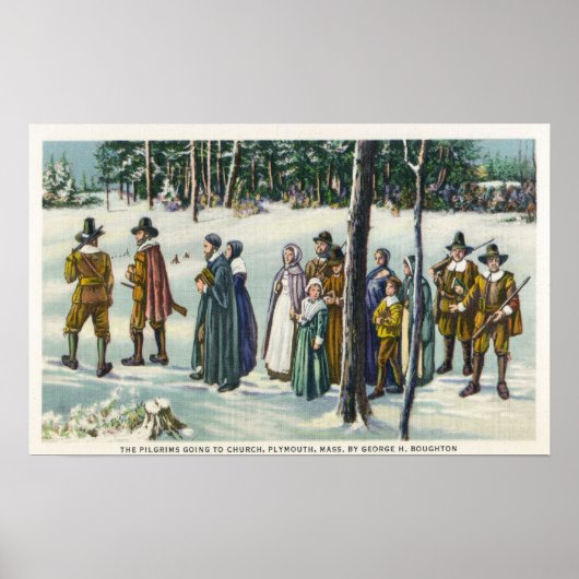 雪景色の教会へ行く巡礼者 ポスター (正面)