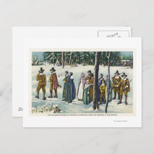 雪景色の教会へ行く巡礼者 ポストカード (正面/裏面)