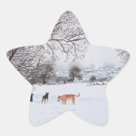 雪景色の犬の木々の景色 星シール