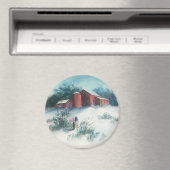 雪景色絵を描農園素朴付納屋 マグネット (インサイチュ (食洗機))