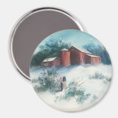 雪景色絵を描農園素朴付納屋 マグネット (正面/裏面)