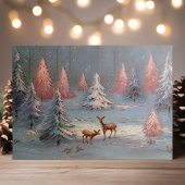 雪林のヴィンテージ鹿ピンクのクリスマスツリー シーズンポストカード