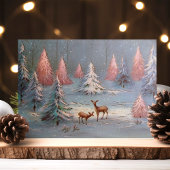 雪林のヴィンテージ鹿ピンクのクリスマスツリー シーズンポストカード