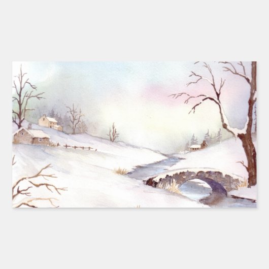 雪橋の水彩風景絵画ズ 長方形シール (正面)
